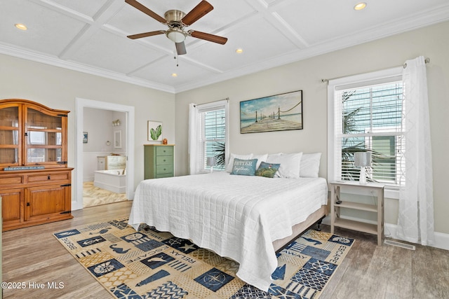 449 E Fourth St, Ocean Isle Beach, NC 28469 - bedroom featuring coffered ceiling, light wood-style flooring, recessed lighting, baseboards, and crown molding