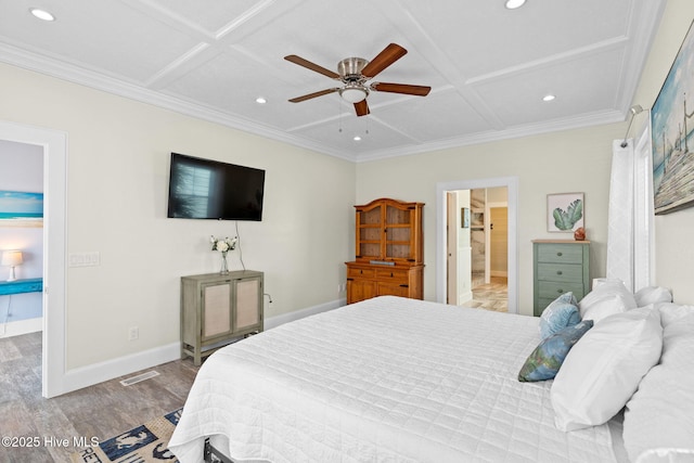 449 E Fourth St, Ocean Isle Beach, NC 28469 - bedroom featuring coffered ceiling, wood finished floors, baseboards, recessed lighting, and ornamental molding