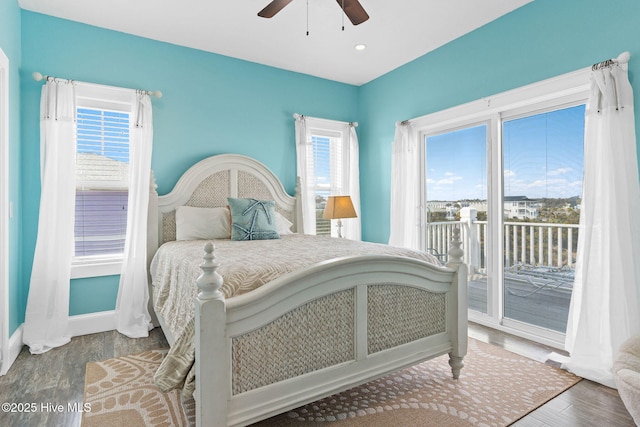 449 E Fourth St, Ocean Isle Beach, NC 28469 - bedroom featuring access to outside, wood finished floors, baseboards, ceiling fan, and recessed lighting