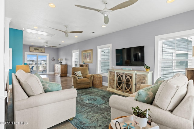 449 E Fourth St, Ocean Isle Beach, NC 28469 - living area with a ceiling fan, recessed lighting, baseboards, and wood finished floors