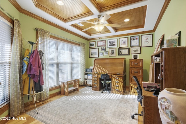 office area featuring wood finished floors, a ceiling fan, coffered ceiling, beam ceiling, and ornamental molding