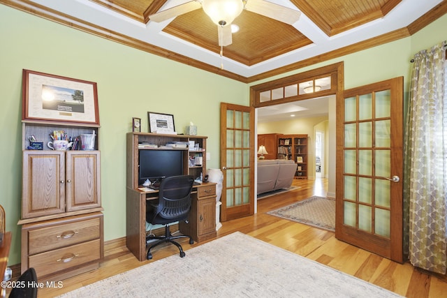 office area featuring baseboards, ornamental molding, light wood-style flooring, french doors, and coffered ceiling