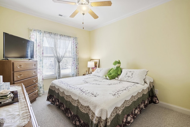 bedroom featuring crown molding, carpet, visible vents, and baseboards