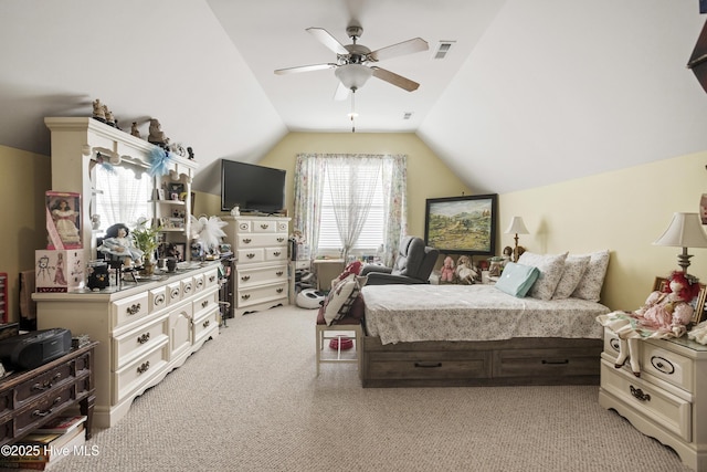 bedroom with light carpet, visible vents, a ceiling fan, and vaulted ceiling