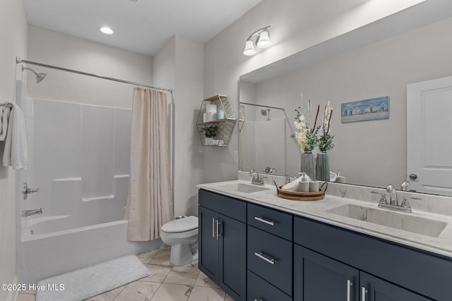 bathroom with double vanity, toilet, shower / tub combo with curtain, and a sink