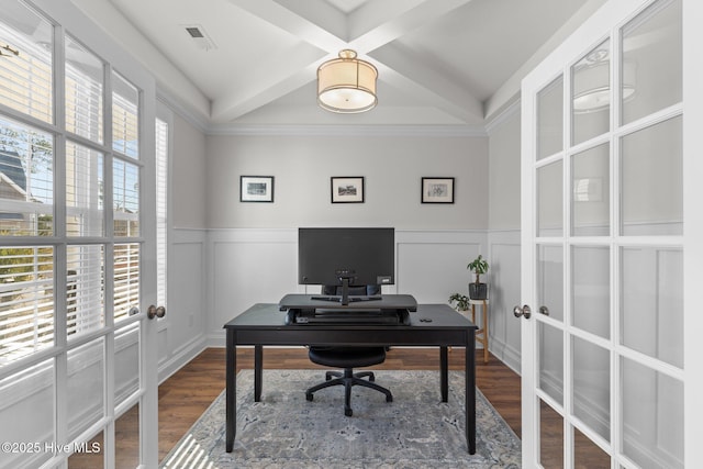 office space with a wainscoted wall, coffered ceiling, beam ceiling, dark wood-style flooring, and french doors