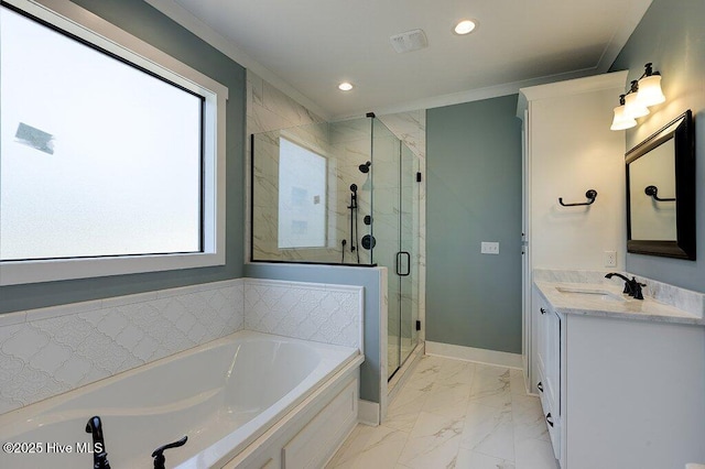 bathroom featuring recessed lighting, a stall shower, crown molding, a bath, and marble finish floor