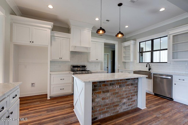 kitchen featuring visible vents, open shelves, a sink, stainless steel appliances, and white cabinetry