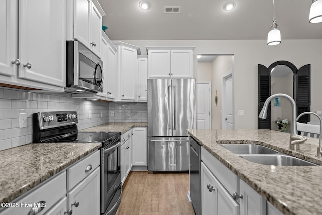 kitchen with visible vents, a sink, backsplash, white cabinetry, and appliances with stainless steel finishes