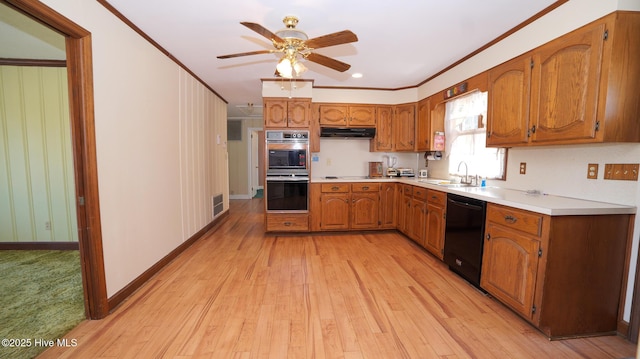 kitchen with ornamental molding, light countertops, under cabinet range hood, dishwasher, and brown cabinets