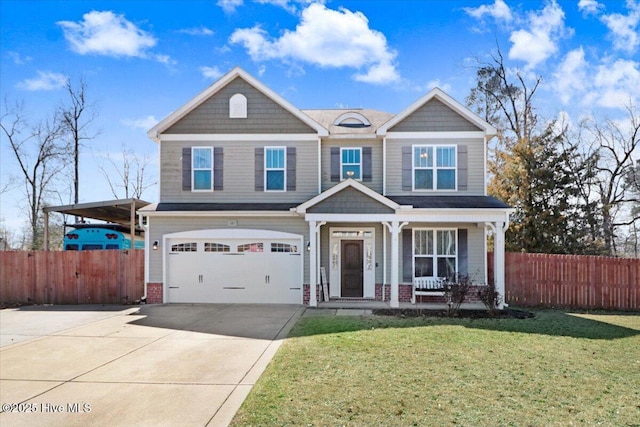 view of front facade featuring a front lawn, fence, covered porch, concrete driveway, and a garage