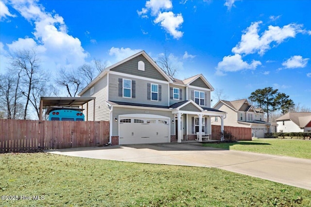 view of front facade featuring concrete driveway, an attached garage, fence, and a front lawn