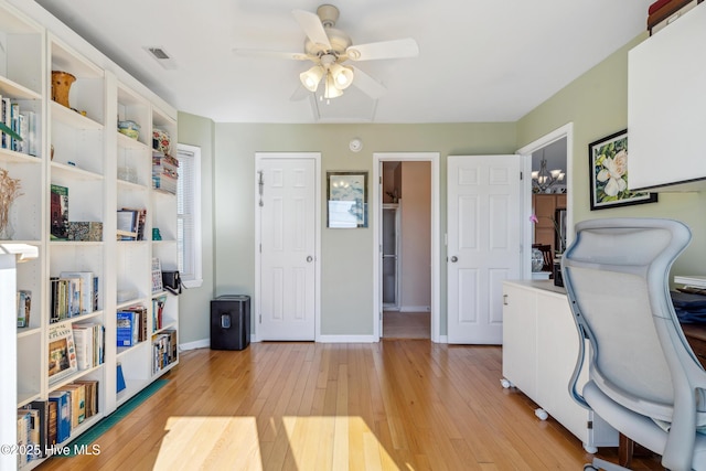 home office featuring visible vents, light wood-style flooring, baseboards, and ceiling fan