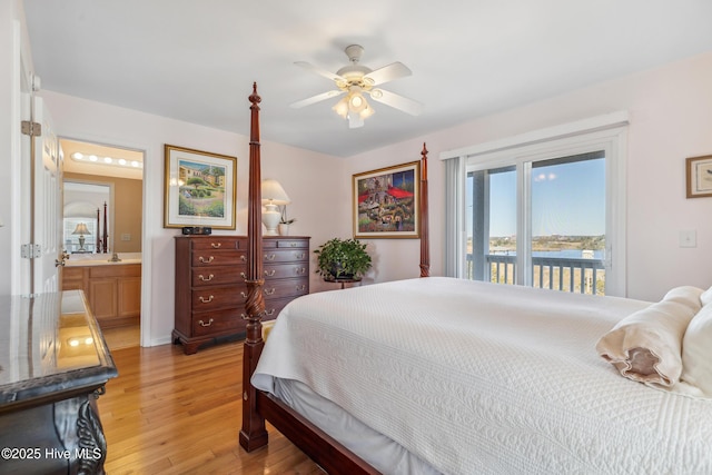 bedroom with light wood finished floors, a ceiling fan, and access to outside