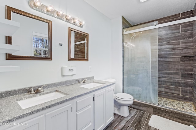 full bath featuring a sink, toilet, double vanity, and a shower stall