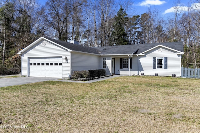 single story home featuring driveway, a front lawn, an attached garage, and fence