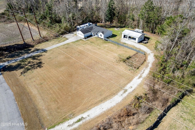 bird's eye view featuring a wooded view