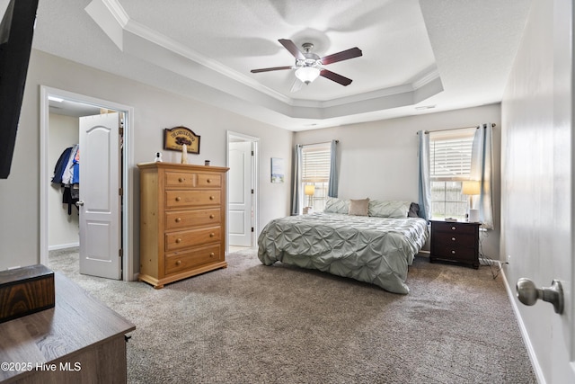 bedroom featuring ornamental molding, a tray ceiling, carpet floors, baseboards, and a spacious closet