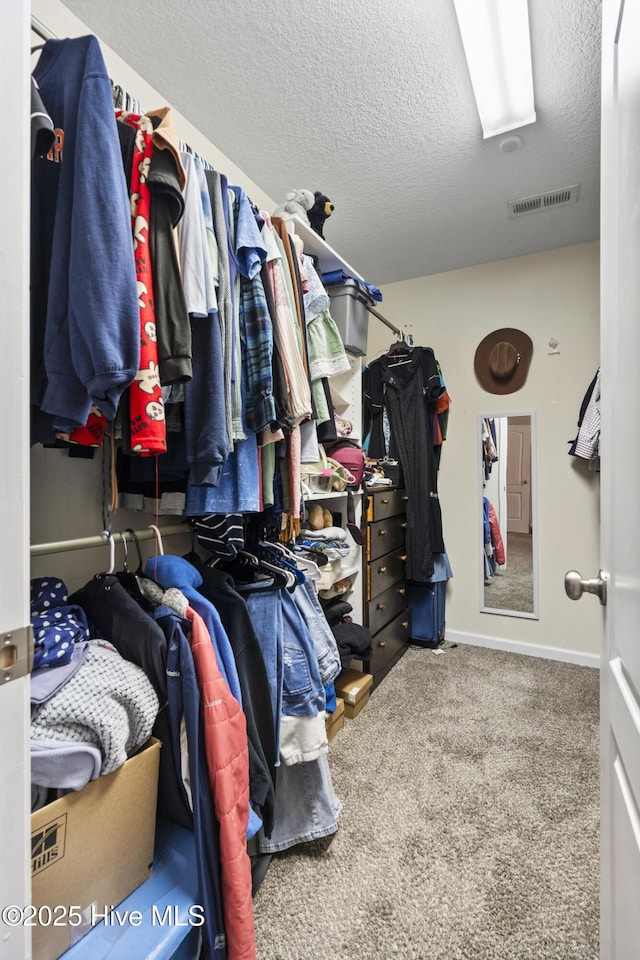 spacious closet featuring visible vents and carpet flooring