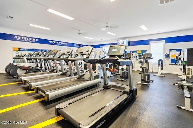 gym with visible vents, baseboards, and ceiling fan