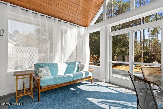 sunroom / solarium with wooden ceiling and vaulted ceiling