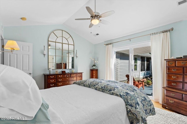 bedroom with vaulted ceiling, access to outside, visible vents, and ceiling fan