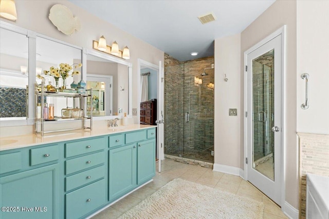 full bathroom with visible vents, a sink, a shower stall, tile patterned flooring, and double vanity