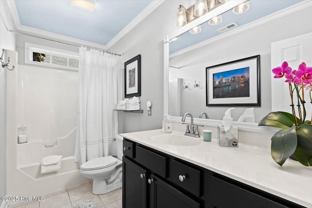 full bathroom with visible vents, toilet, ornamental molding, tile patterned flooring, and vanity