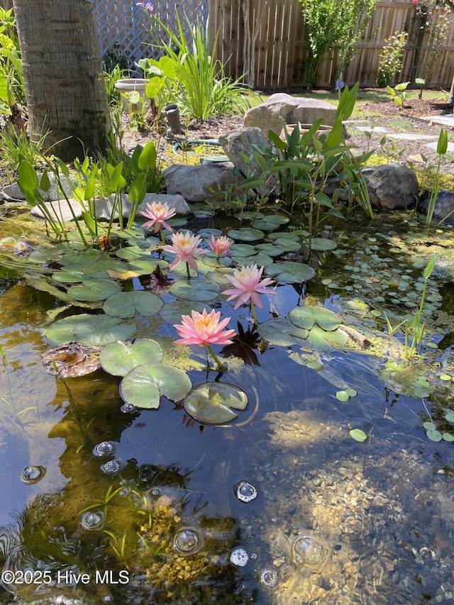 details featuring a small pond and fence