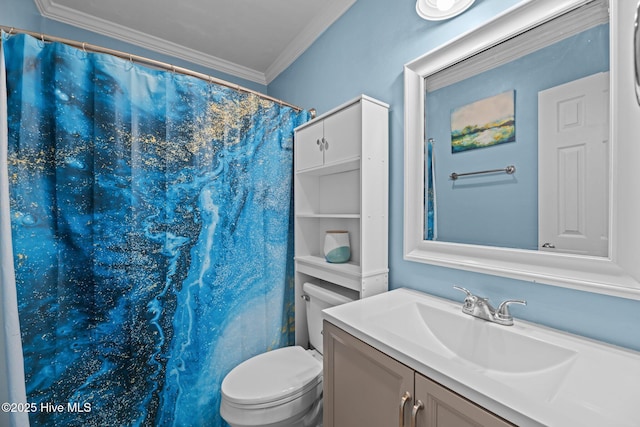 full bathroom with vanity, toilet, crown molding, and a shower with curtain