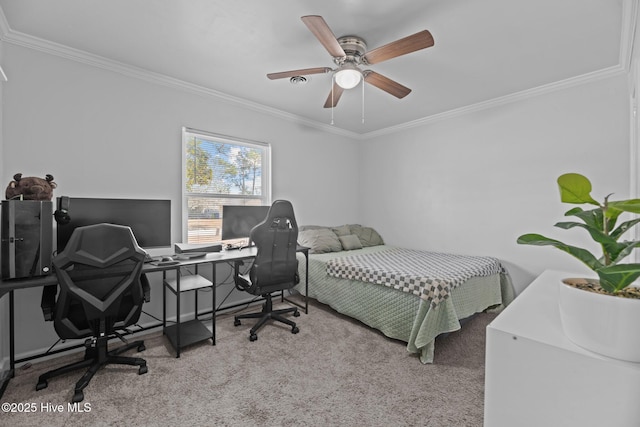 carpeted bedroom featuring a ceiling fan and ornamental molding