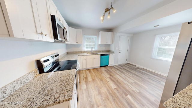 kitchen featuring white cabinets, stainless steel appliances, light wood-type flooring, and a sink