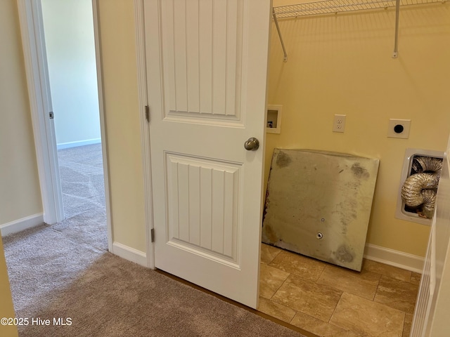 clothes washing area featuring carpet flooring, laundry area, washer hookup, baseboards, and electric dryer hookup