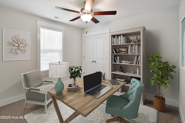 home office with a ceiling fan, visible vents, and baseboards