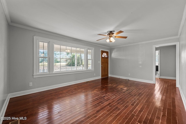 unfurnished living room with dark wood finished floors, ceiling fan, crown molding, and baseboards