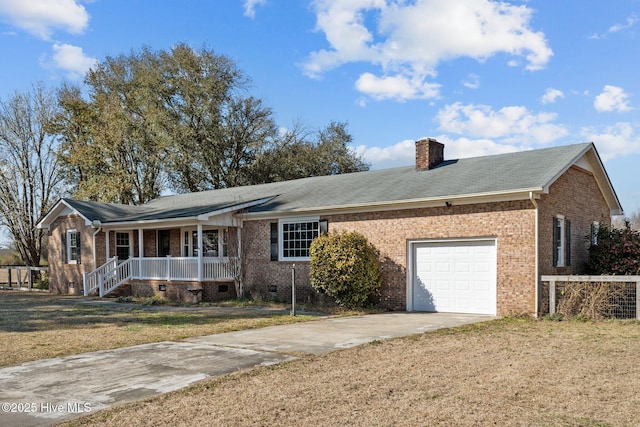 ranch-style house featuring crawl space, brick siding, a porch, and a chimney