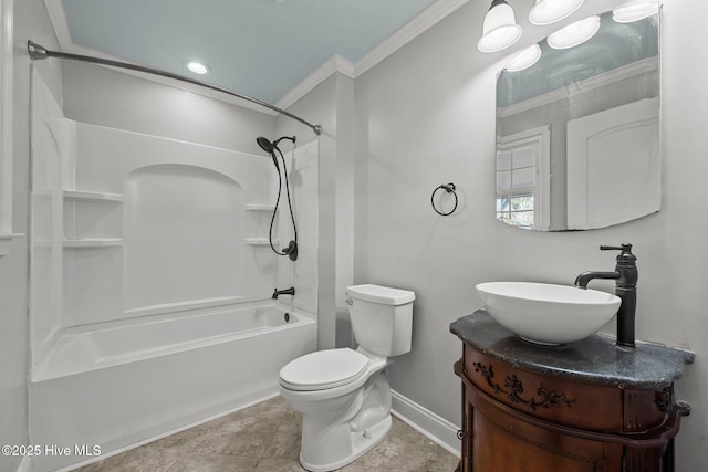 bathroom with toilet, shower / washtub combination, crown molding, baseboards, and vanity