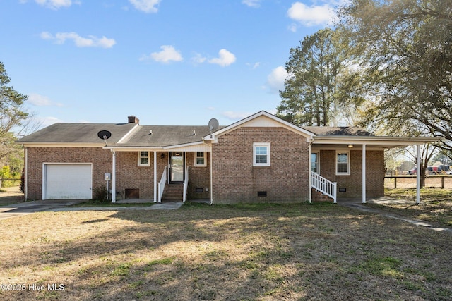 view of front of home with driveway, entry steps, an attached garage, crawl space, and brick siding