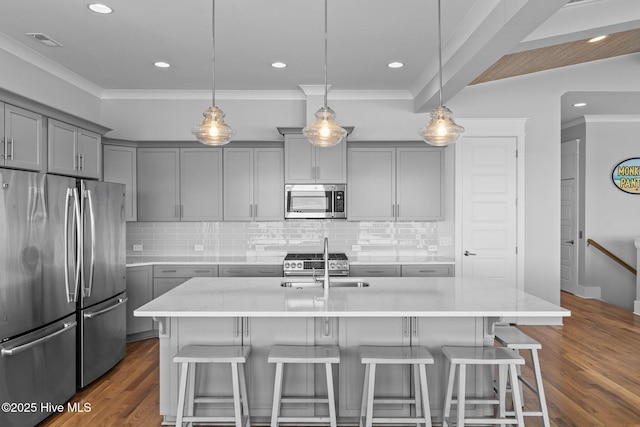 kitchen with a sink, appliances with stainless steel finishes, gray cabinets, and visible vents