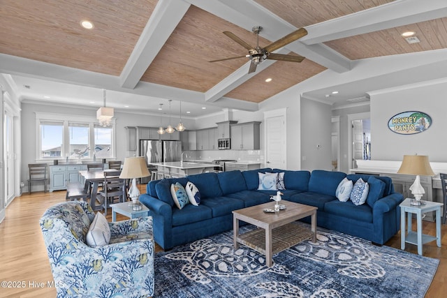 living room with lofted ceiling with beams, light wood-style floors, ceiling fan with notable chandelier, recessed lighting, and wooden ceiling