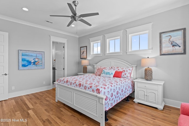 bedroom featuring visible vents, recessed lighting, baseboards, and ornamental molding