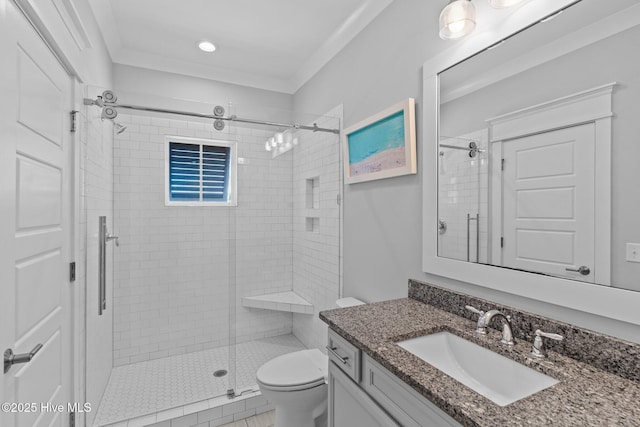 full bathroom featuring vanity, toilet, recessed lighting, and a stall shower