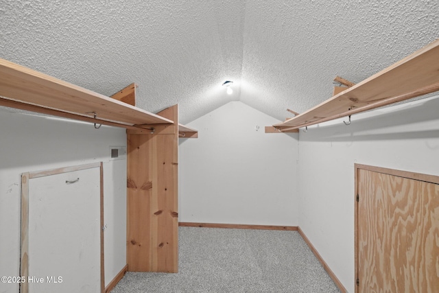 spacious closet featuring lofted ceiling and carpet floors