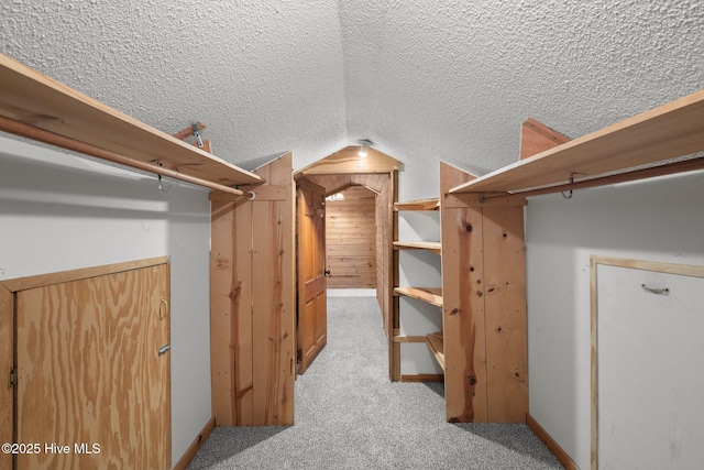 walk in closet with lofted ceiling and carpet floors