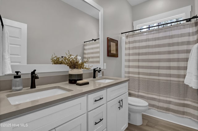 bathroom with a sink, toilet, wood finished floors, and double vanity