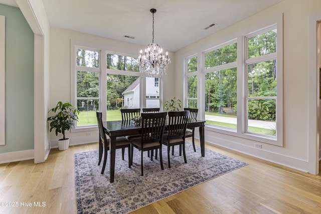 dining area featuring a chandelier, visible vents, light wood-type flooring, and baseboards