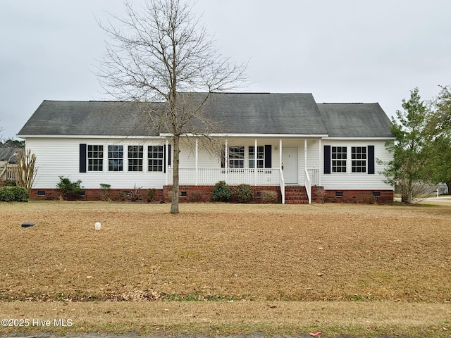 single story home featuring crawl space, roof with shingles, and covered porch