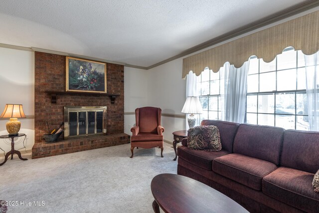 living area featuring ornamental molding, carpet flooring, a fireplace, and a textured ceiling