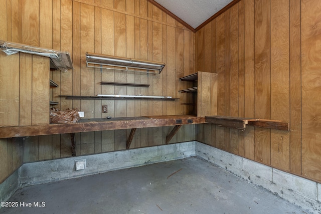 interior space featuring a sauna and wood walls