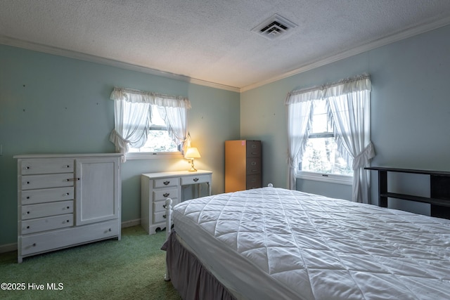 bedroom featuring light carpet, visible vents, and ornamental molding